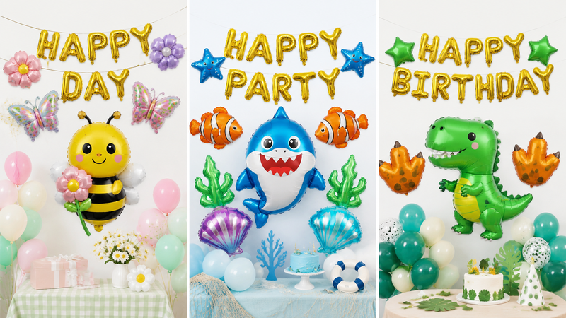 Custom themed foil balloon party decoration set with colorful birthday and celebration designs