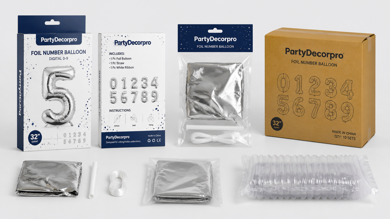 Custom packaging solutions for silver foil number balloons with retail boxes and clear bags