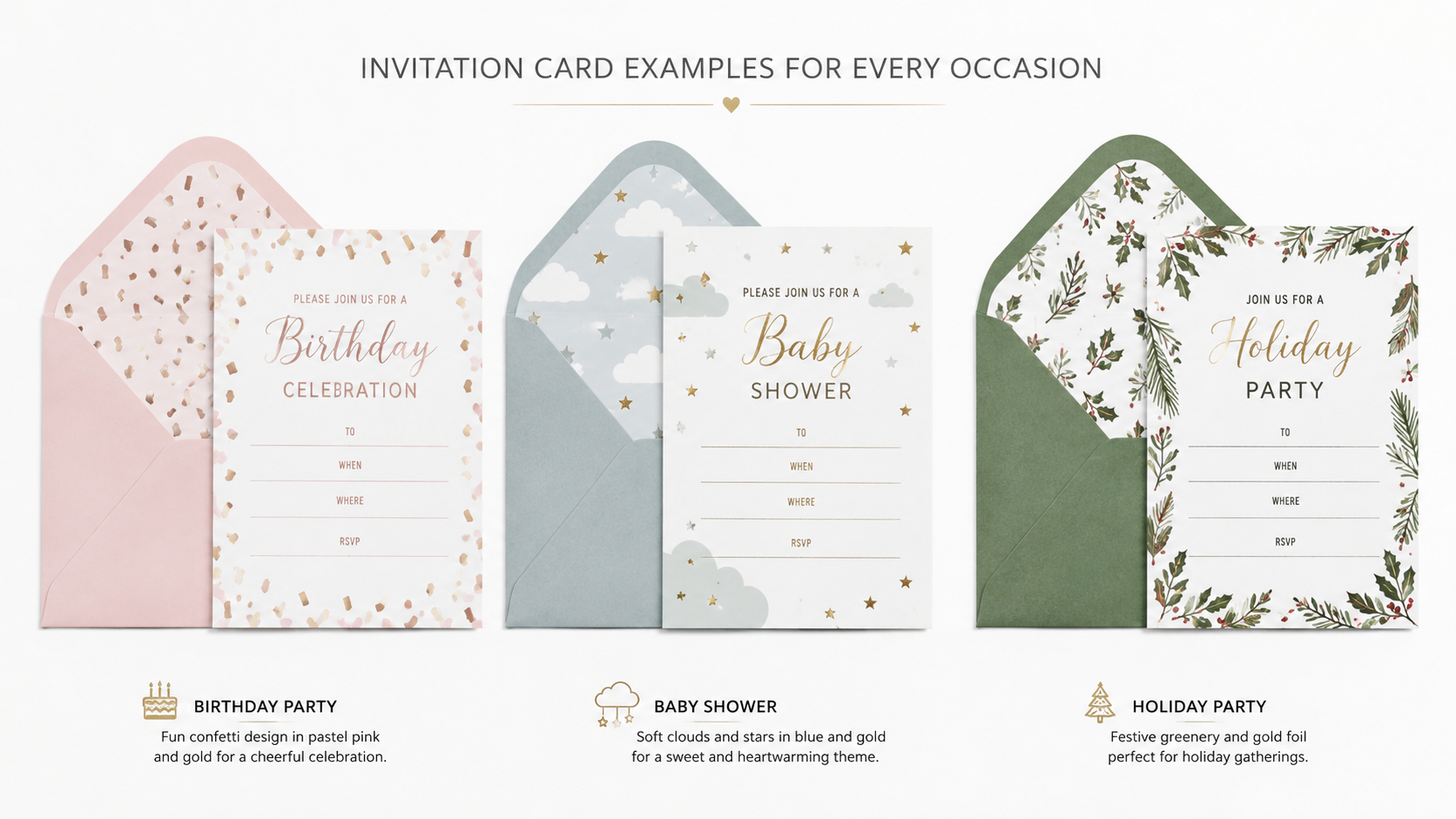 Custom invitation card and envelope design examples featuring birthday party, baby shower, and holiday party themes with premium foil stamping and customizable artwork