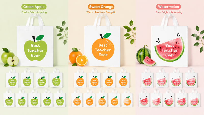 Custom fruit-themed non-woven gift bag designs featuring green apple, orange, and watermelon concepts with reusable tote bag customization options