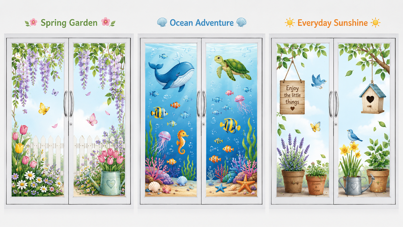 Custom themed static cling window decals featuring spring garden, ocean life and nature-inspired home décor designs displayed on glass doors, reusable decorative window stickers for seasonal and everyday decoration