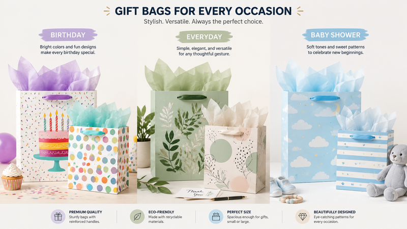 Custom themed gift bag collection featuring birthday, everyday, and baby shower designs with premium paper construction, ribbon handles, and vibrant full-color printing for retail and event packaging.