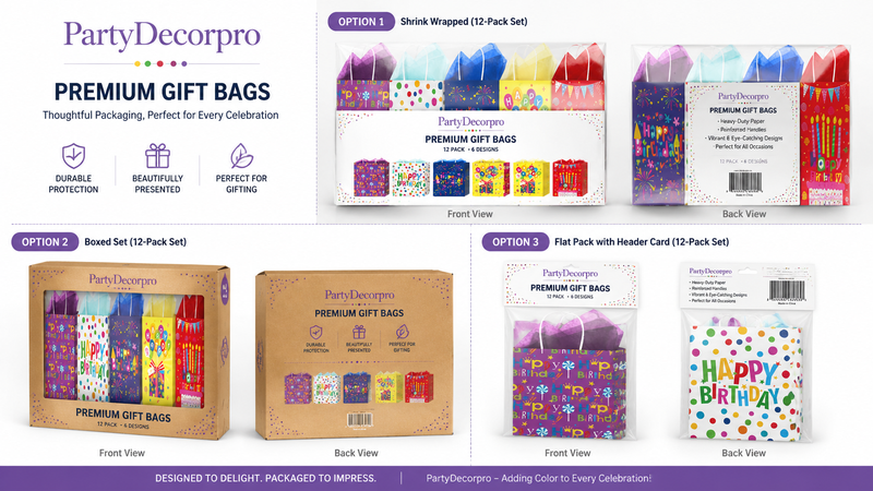 Custom gift bag packaging solutions featuring shrink wrap packs, display box packaging, and header card poly bag options for branded retail presentation