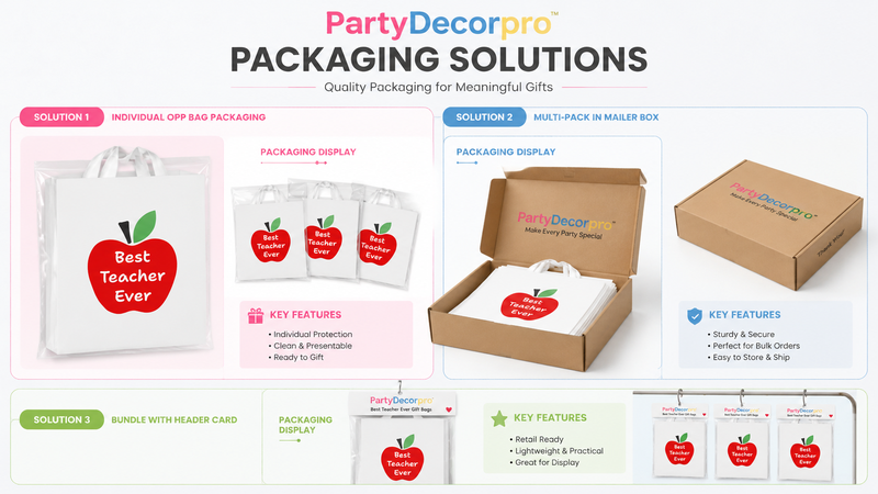 Custom gift bag packaging solutions featuring individual OPP bags, branded mailer boxes, and retail header card packaging options for wholesale and private label branding