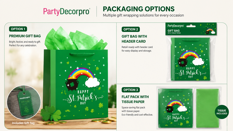 Custom St. Patrick's Day gift bag packaging solutions featuring premium gift bag, retail header card packaging, and flat-pack packaging options with customizable branding and retail display presentation