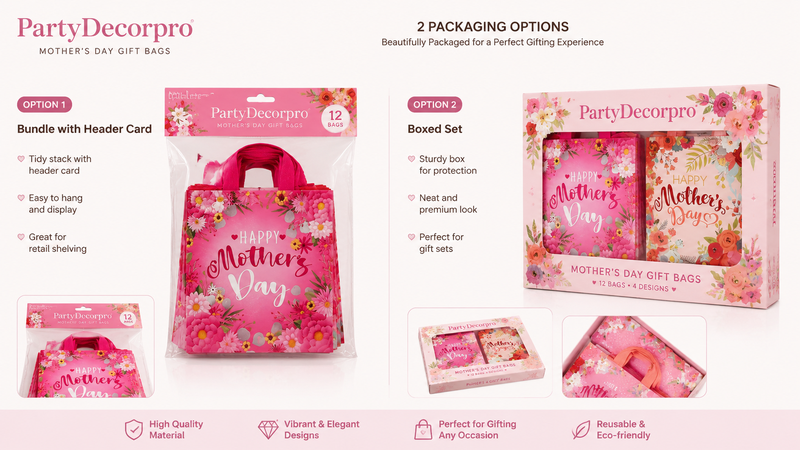 Custom Mother's Day gift bag packaging options featuring header-card polybag packaging and premium window gift box packaging with floral printed reusable gift bags for retail display and gifting.