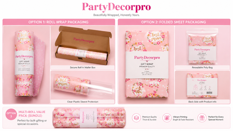 Pink floral gift wrap packaging showcasing roll and flat sheet packaging options with premium print quality and customization
