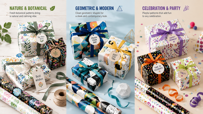 Colorful gift wrapping paper rolls featuring skull, floral, geometric and festive patterns in multiple styles for customizable packaging designs