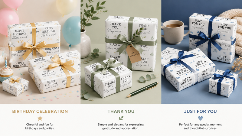 Multi-theme gift wrapping paper designs featuring birthday, thank you and personal gifting styles in a clean product showcase