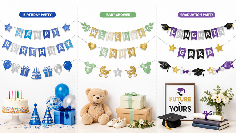 Custom glitter banner decoration ideas featuring Birthday Party, Baby Shower, and Graduation Party themes with colorful hanging decorations and matching party elements.
