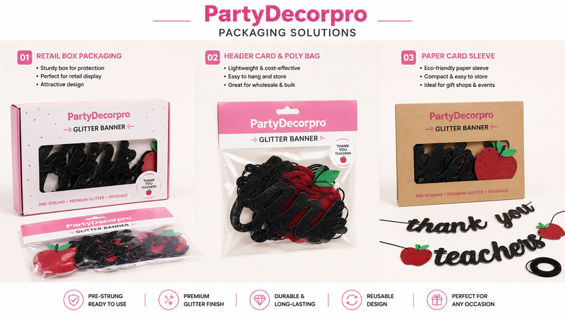 Custom glitter banner packaging solutions featuring retail box, header card poly bag and paper sleeve packaging for wholesale and private label branding