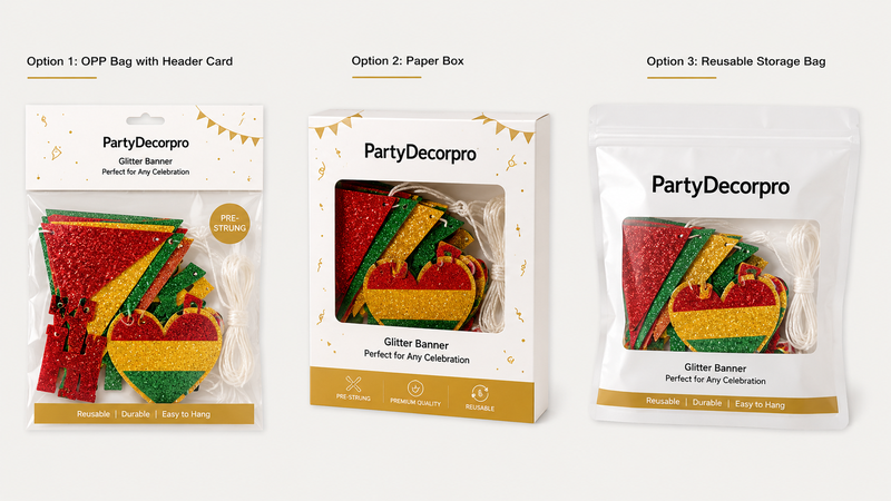 Glitter banner packaging options including OPP bag, color box, and reusable storage pouch for party decorations