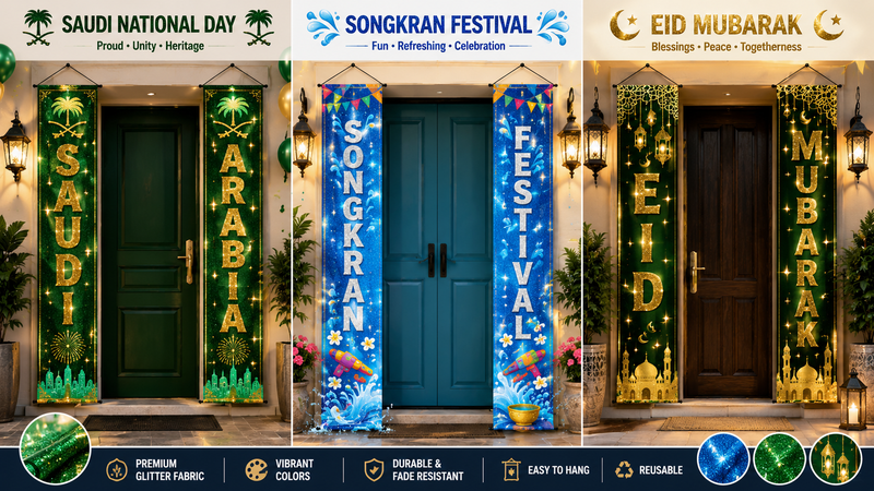 Glitter fabric door banner set featuring Saudi National Day, Songkran Festival, and Vesak-inspired celebration themes with vibrant colors, sparkling finishes, and decorative festive backgrounds