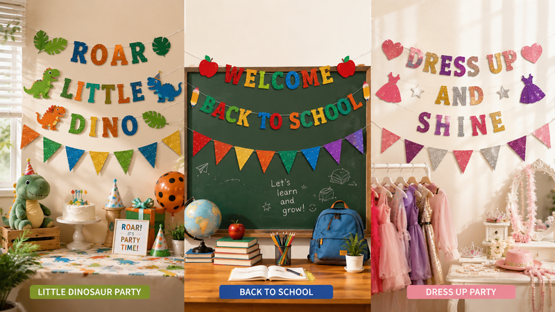 Custom Glitter Letter Banner and Pennant Flag Design Ideas for Dinosaur Party Back to School and Dress Up Party