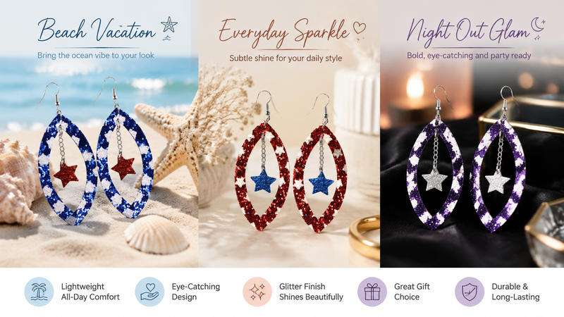 Sparkling teardrop glitter star drop earrings in beach, everyday and night-out style variations 