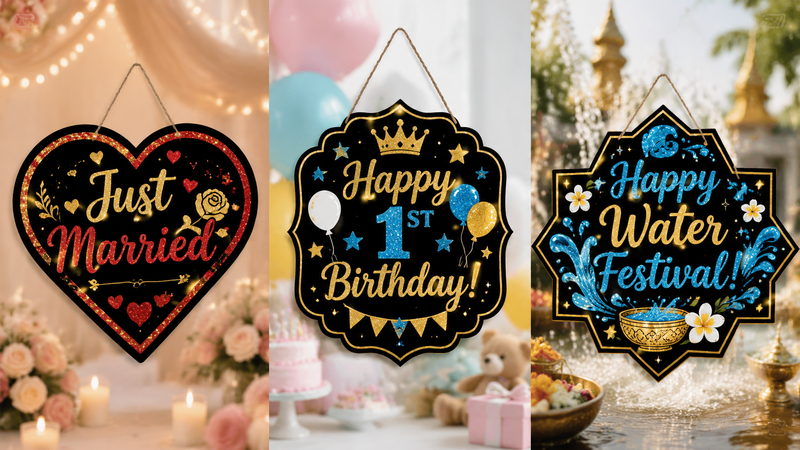 Glitter wooden hanging signs featuring three themed designs including wedding “Just Married” heart plaque, 1st birthday crown sign, and water festival celebration board