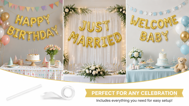 Gold foil balloon banner decoration ideas for birthday wedding and baby shower party themes