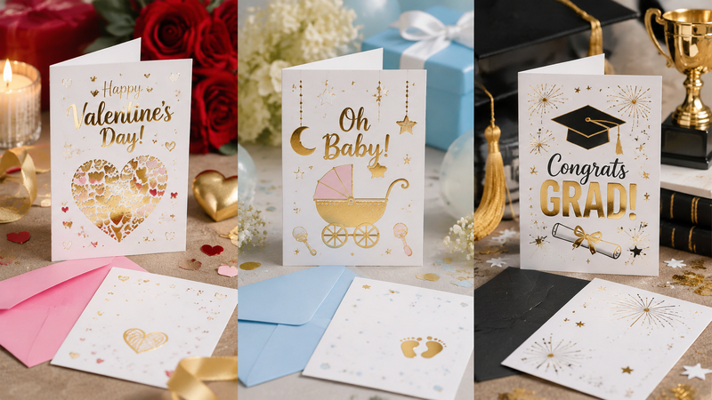 Custom gold foil greeting cards with premium cardstock and metallic stamping designs for wholesale events