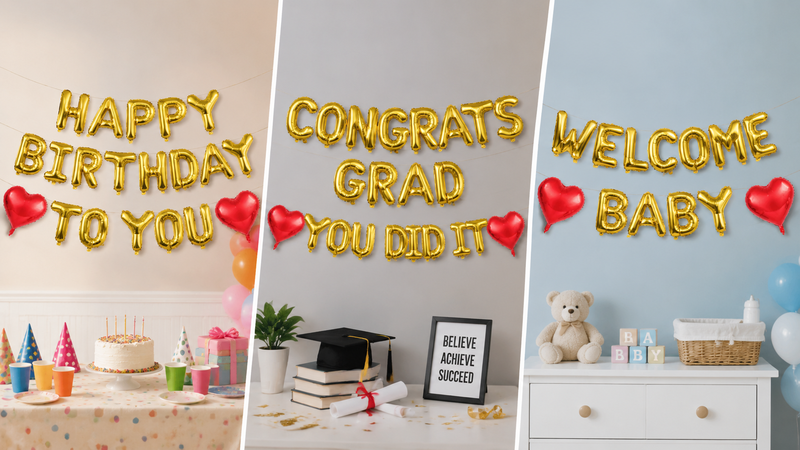 Custom gold foil letter balloons with red heart decorations for birthday graduation and baby shower events