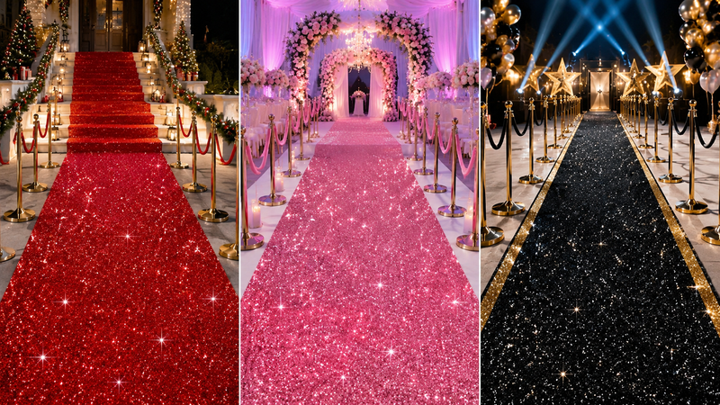 Gold glitter stair runner with rope barrier event entrance luxury red carpet style walkway