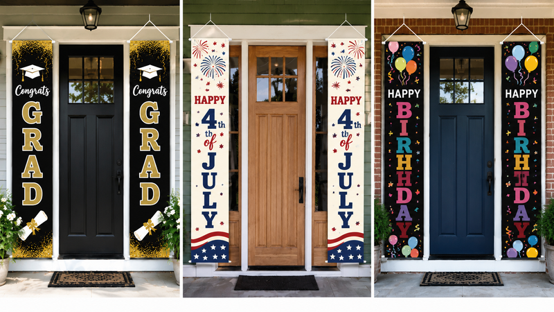 Three vibrant vertical banners for graduation, 4th of July, and birthday celebrations displayed on front doors.