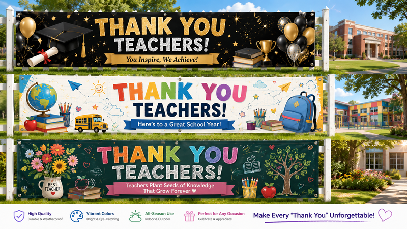 Custom banner design concepts featuring Graduation, Back to School, and Teacher Appreciation themes with vibrant graphics, outdoor display backgrounds, and festive educational elements