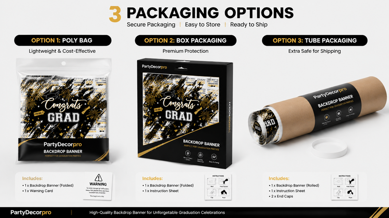 Custom graduation backdrop banner packaging options including poly bag, retail box and kraft tube packaging