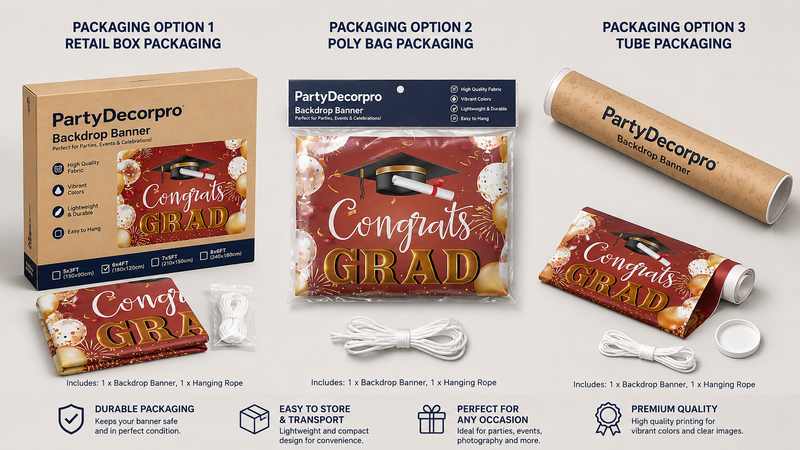Custom packaging solutions for graduation backdrop banners featuring retail box, poly bag, and paper tube packaging options for branding and wholesale applications.