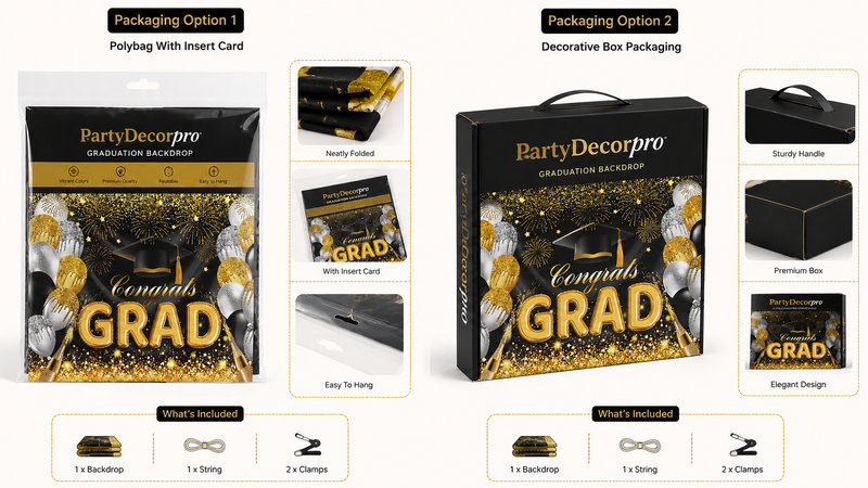 Graduation backdrop packaging solutions featuring header card polybag and premium gift box options with customizable branded retail packaging for party decoration products