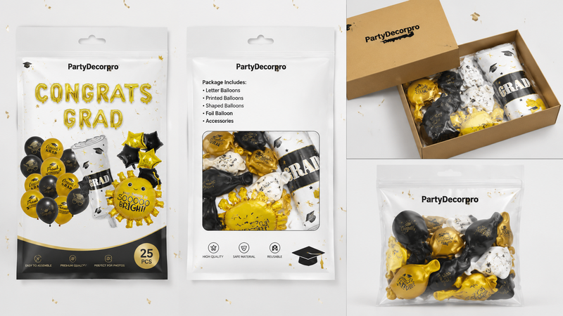 Custom graduation balloon packaging solutions with uninflated gold and black balloons in clear bags and gift boxes