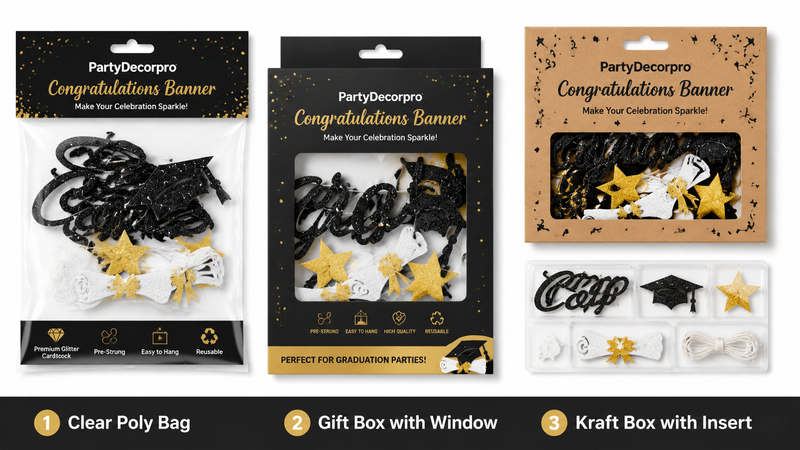 Graduation banner packaging options including clear poly bag, window gift box, and kraft box with custom branding presentation.