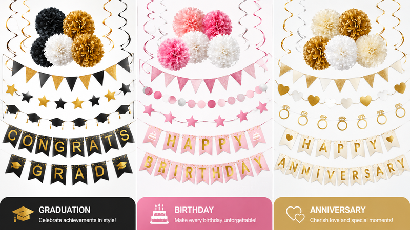 Three party decoration kits displayed: graduation, birthday, and anniversary with banners, paper pom-poms, tassels, and hanging decorations.