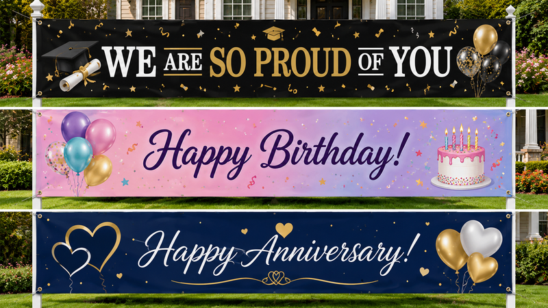 Custom outdoor yard banners featuring graduation, birthday and anniversary themes with vibrant colors and weather-resistant designs.