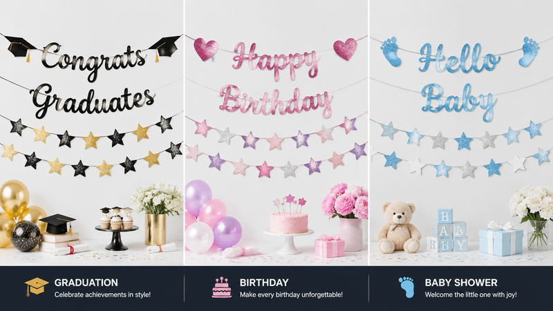 Three themed party banners displayed in a clean product mockup: graduation, birthday, and baby shower with festive decorations.
