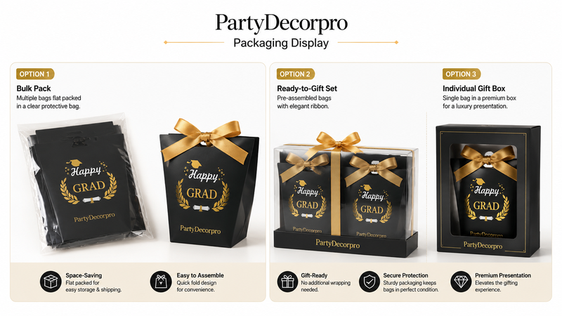 Custom graduation gift bag packaging solutions featuring flat-pack bags, transparent display packaging, and premium gift box options for wholesale and private label branding.