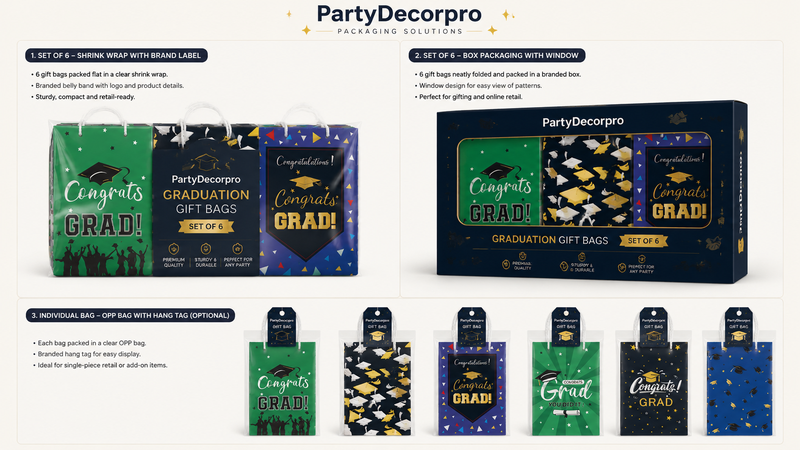 Custom graduation gift bag packaging solutions featuring shrink-wrap bundle packs, window display boxes, and individual OPP bag packaging for wholesale and retail distribution