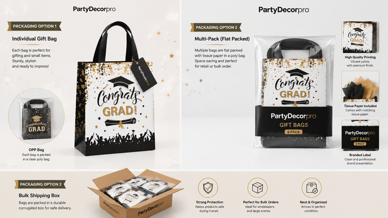Graduation gift bag packaging options featuring individual retail bags, flat-packed multi-pack packaging, and bulk shipping carton solutions with custom branding support