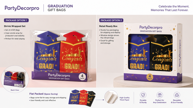 Graduation gift bag packaging solutions featuring shrink wrap pack, retail display box and flat packed packaging options with custom branding and wholesale packaging services