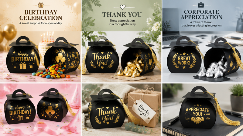 Graduation themed black and gold gift boxes with tassel design and multi-theme packaging concepts including birthday thank you and corporate appreciation styles