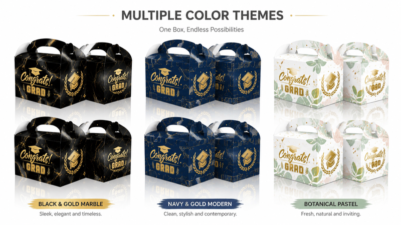 Graduation themed black and gold gift packaging box set design variations with customizable branding style display