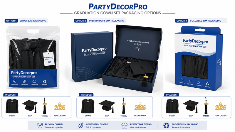 Graduation gown packaging solutions featuring zipper bag, premium gift box, and display carton with customizable branding and retail-ready presentation