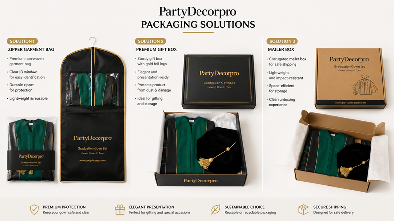 Graduation gown packaging solutions featuring garment bag, premium gift box, and mailer box packaging options for academic regalia sets with customizable branding and protective presentation packaging.