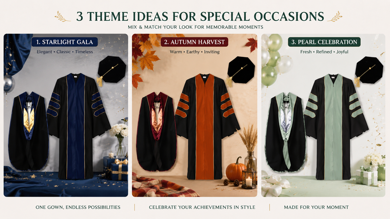Custom academic graduation gown set with matching cap and stole, available in multiple color themes for university commencement ceremonies, academic events, and institutional branding.