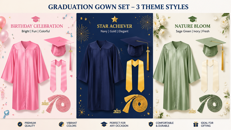 Custom graduation gown sets featuring academic gowns, mortarboard caps, tassels, stoles, and honor cords in multiple color themes for commencement ceremonies
