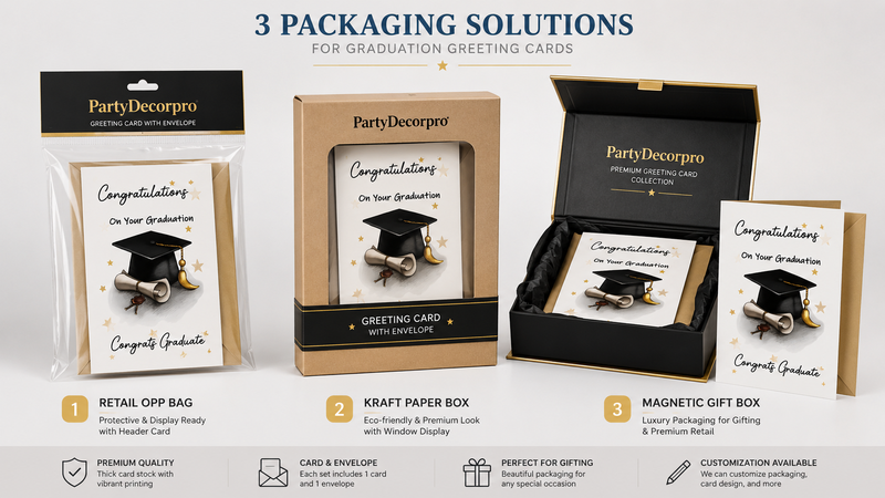 Graduation greeting card packaging solutions including retail OPP bag, kraft window box, and premium magnetic gift box with customizable branding options