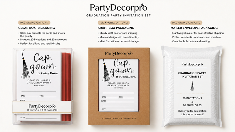 Graduation party invitation set packaging options featuring clear display box, kraft window box, and protective mailer pouch with customizable branding and retail-ready presentation