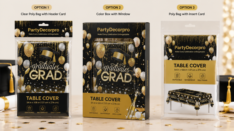 Custom graduation table cover packaging options with poly bags, window boxes and insert card solutions