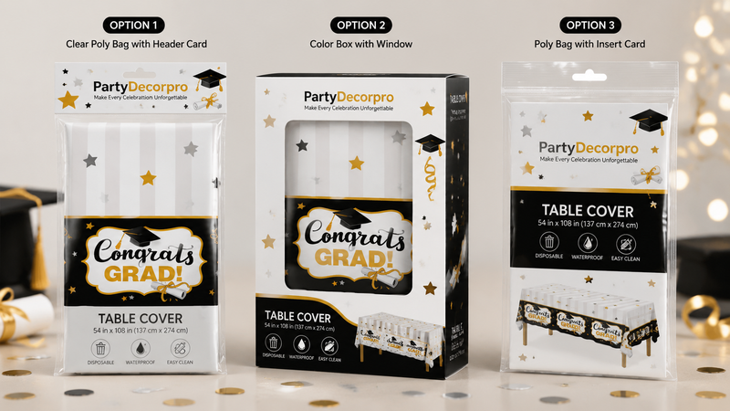 Custom graduation table cover packaging options with poly bags, window boxes and insert card solutions