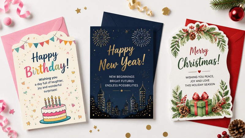 Custom themed greeting cards with envelopes for holiday and party occasions