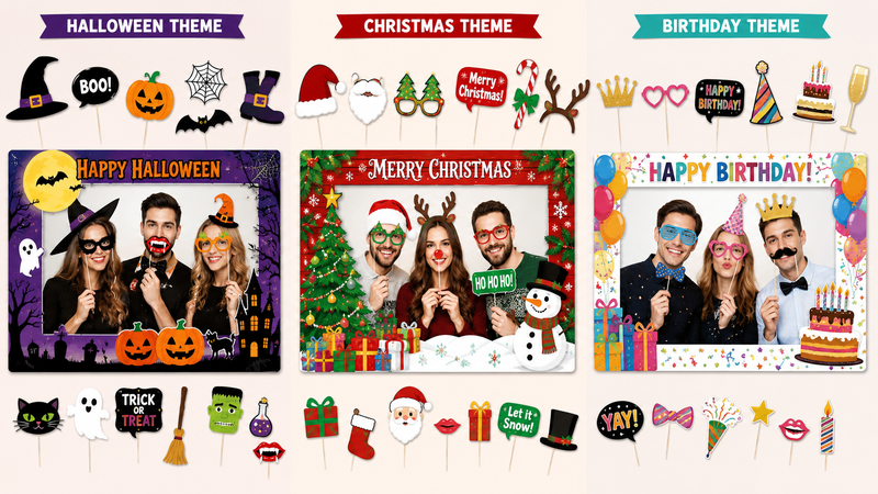 Custom themed photo frame props featuring Halloween, Christmas, and Birthday party designs with matching photo booth accessories and festive backgrounds
